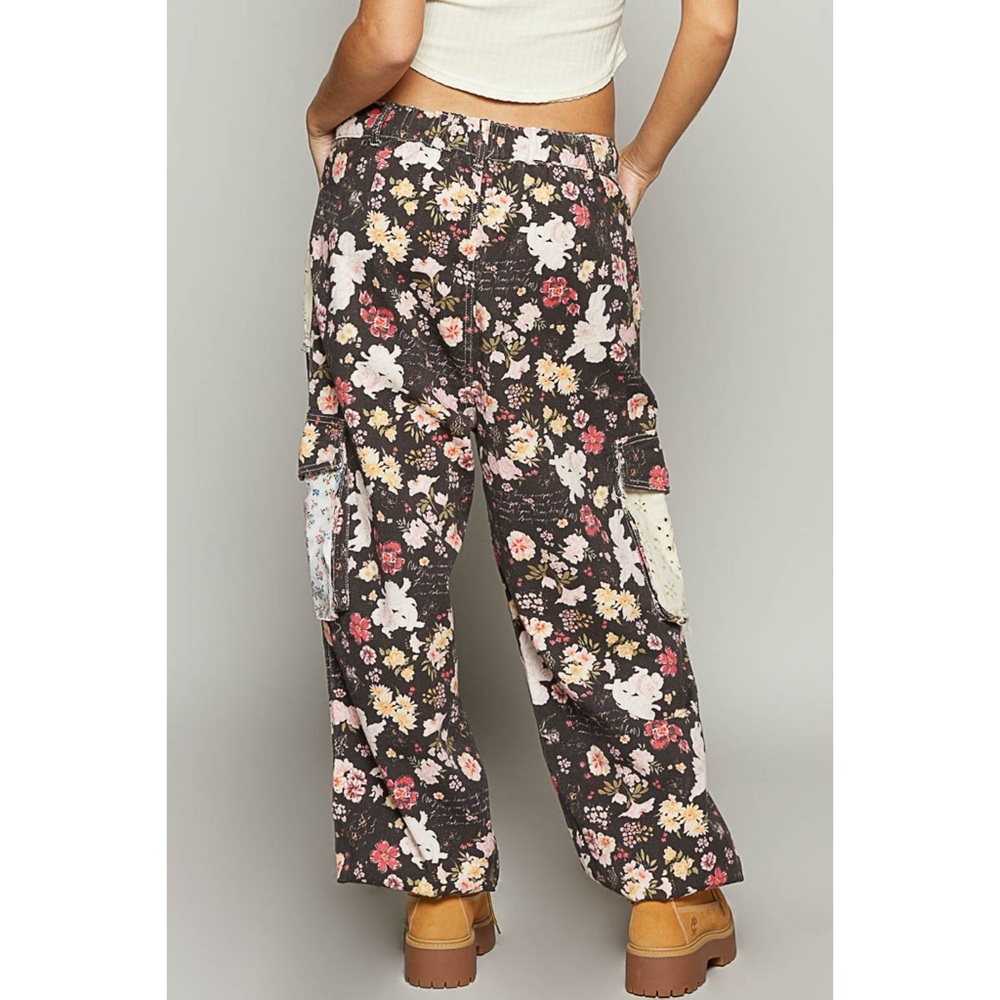 POL Black Floral Cotton Twill Jogger Cargo Pants | Patchwork Pockets - Picture 5 of 8